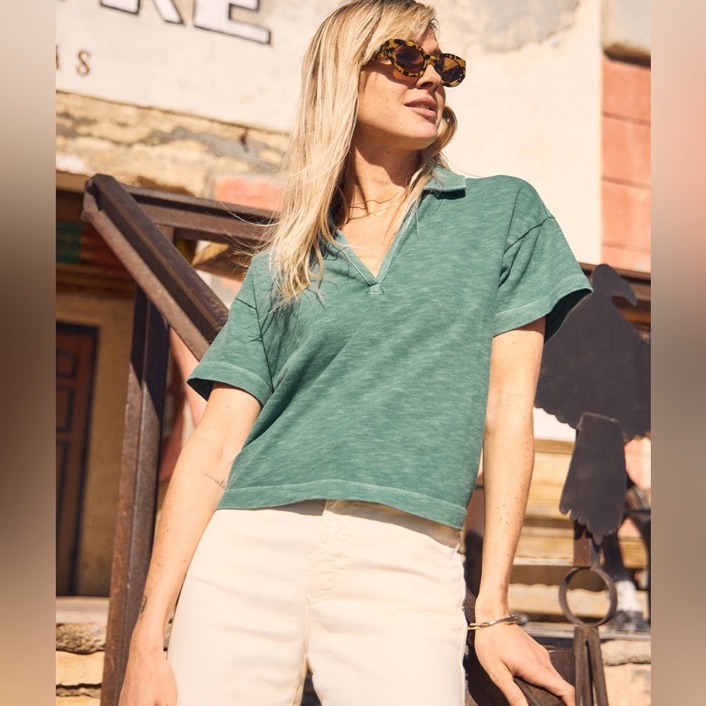 Marine Layer Green Cropped Vintage Slub Polo Tee XS - Picture 5 of 15